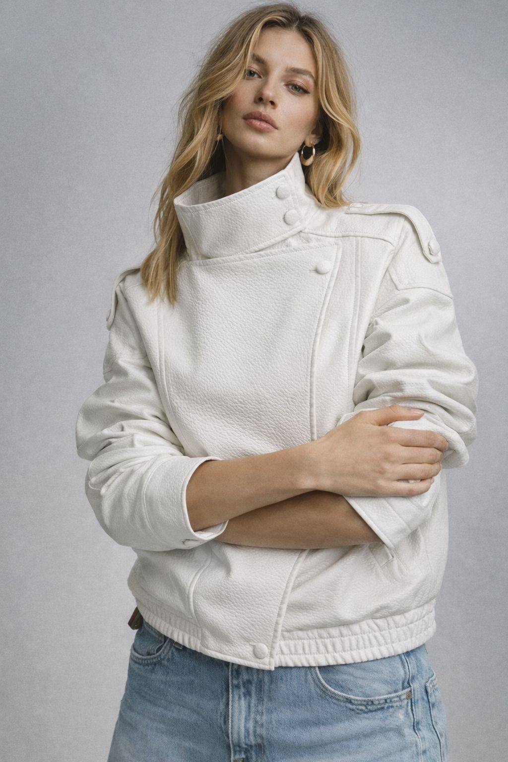 Jude High Neck PU Biker Jacket in White