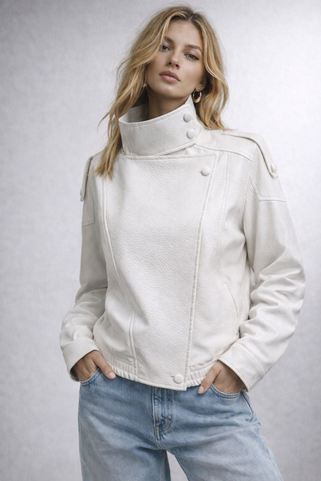 Jude High Neck PU Biker Jacket in White