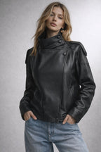 Jude High Neck PU Biker Jacket In Black
