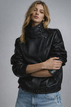 Jude High Neck PU Biker Jacket In Black