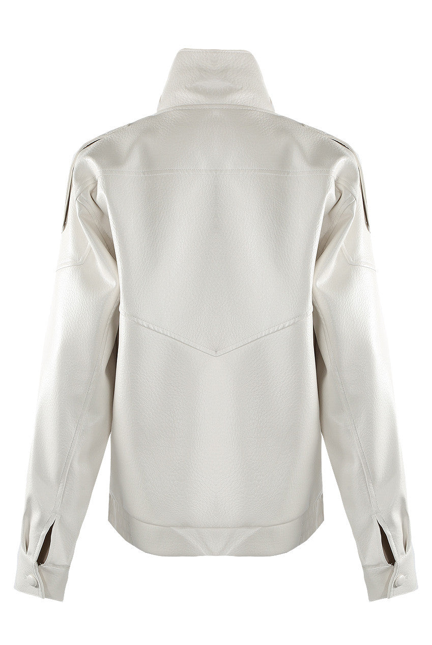 Jude High Neck PU Biker Jacket in White
