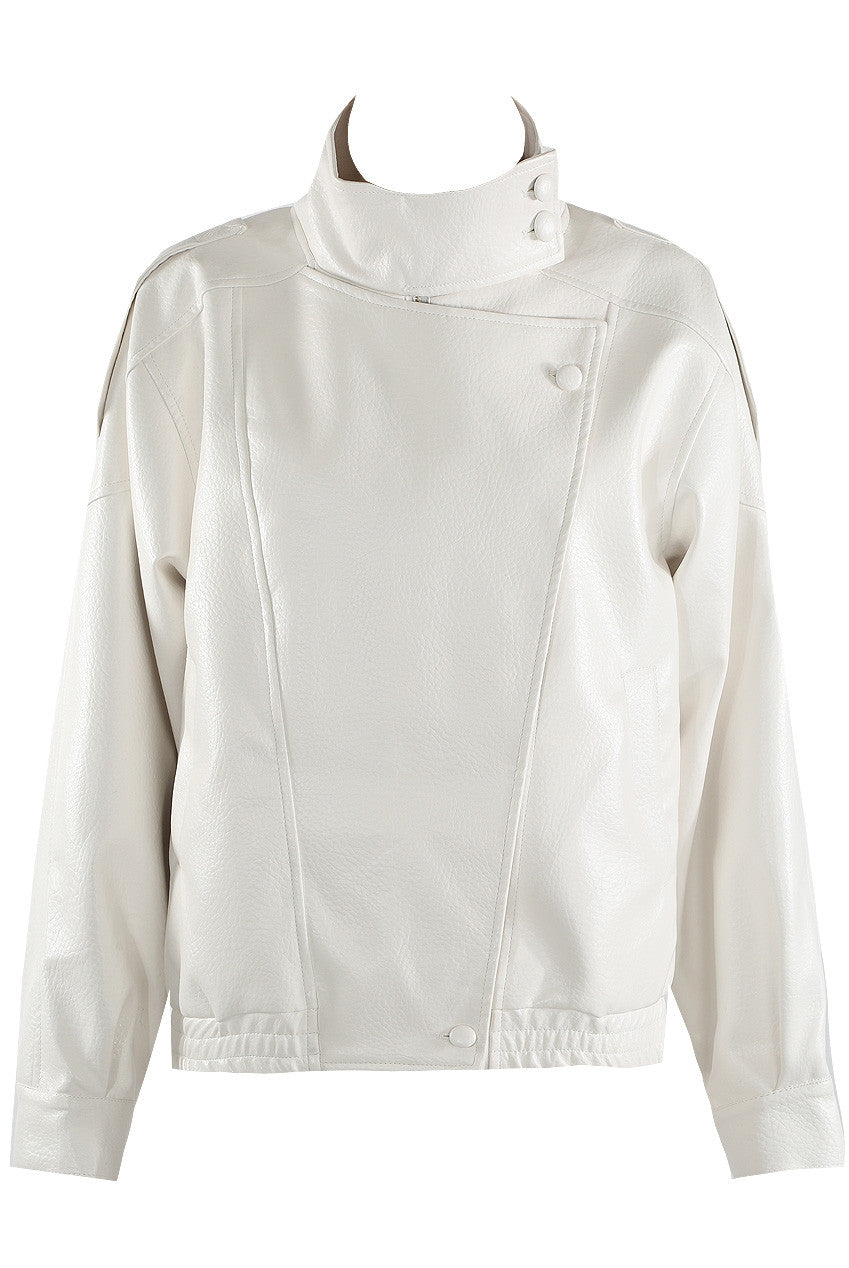 Jude High Neck PU Biker Jacket in White